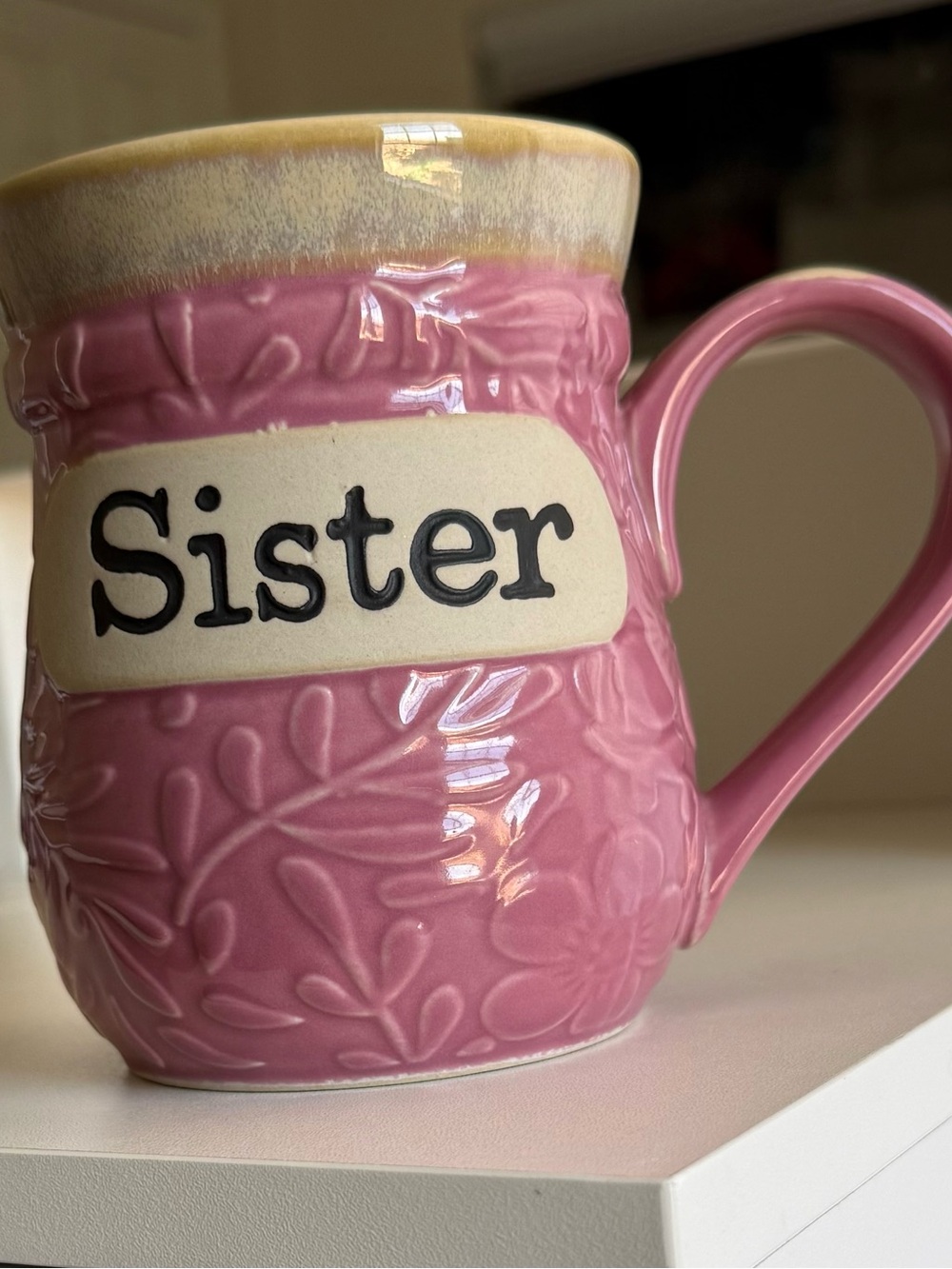 Cracker Barrel Sister Mug Pink Embossed Leaves Coffee Cup